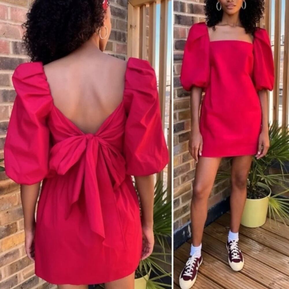 Free People x Mare Mare BELLA Mini Dress Big Bow Babydoll in Red Size M NWT $168